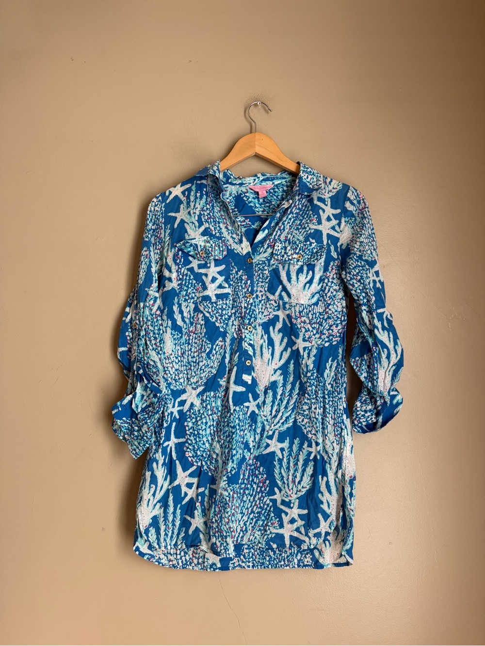 Lilly Pulitzer Good Reef Blue Captiva Coral Print Tunic Shirt Dress XS Resort
